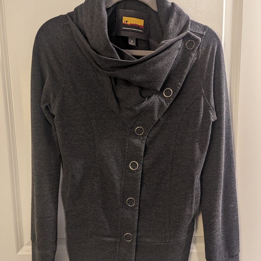 Brooklyn Industries, charcoal jacket, a- symmetrical